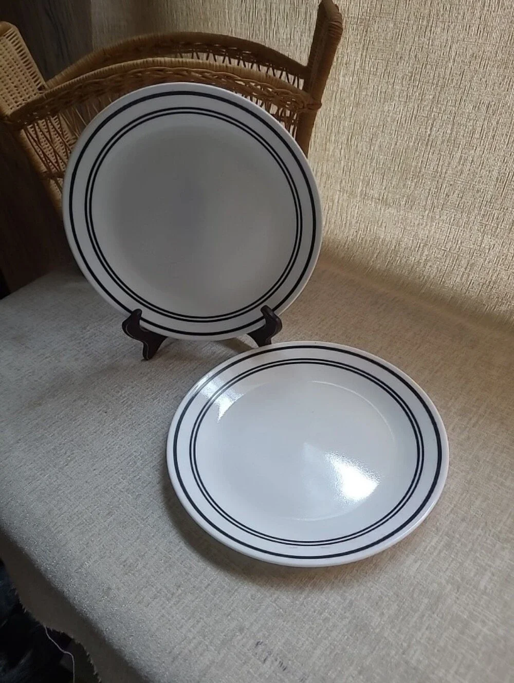 Corelle White Dinner Plate with Black Double Ring. Cafe Collection. 2 Qty